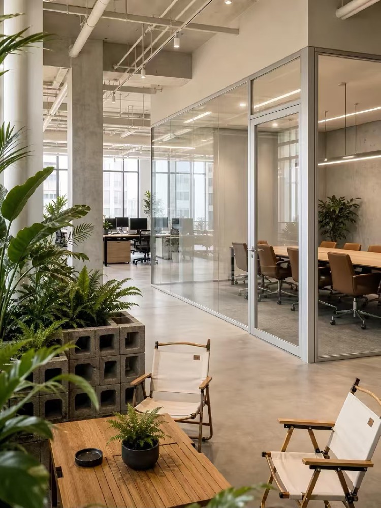 Single glass panoramic glass partition, industrial style office enclosurer